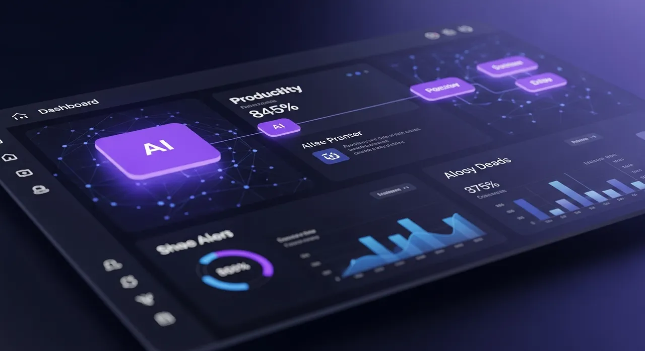 Sleek dark mode software dashboard UI with glowing AI nodes